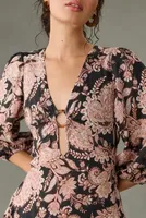KIVARI V-Neck Puff-Sleeve Linen Dress