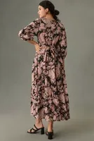 KIVARI V-Neck Puff-Sleeve Linen Dress