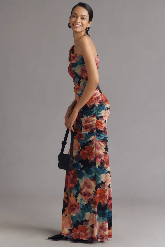 Black Halo Rosario One-Shoulder Ruched Maxi Dress