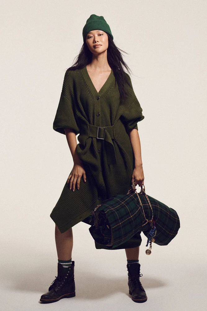 By Anthropologie Long-Sleeve Belted Cardigan Sweater Midi Dress