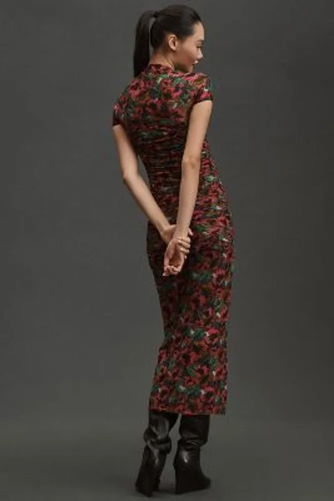 MISA Short-Sleeve Square-Neck Mesh Slim Midi Dress