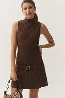 By Anthropologie Sleeveless Mock-Neck Belted Knit Mini Dress