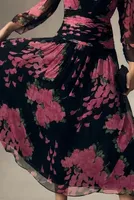 RIXO Long-Sleeve V-Neck Floral Midi Dress