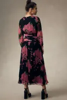 RIXO Long-Sleeve V-Neck Floral Midi Dress