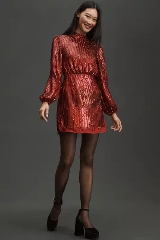 RIXO Long-Sleeve Mock-Neck Sequin Mini Dress