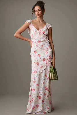 RIXO Gail V-Neck Floral Ruffled Maxi Dress