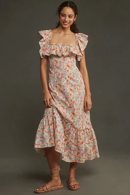 RIXO June Floral Ruffled A-Line Midi Dress