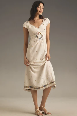 RIXO Carey Short-Sleeve V-Neck Embroidered Linen Midi Dress