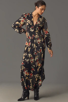 RIXO Trula Long-Sleeve V-Neck Maxi Dress