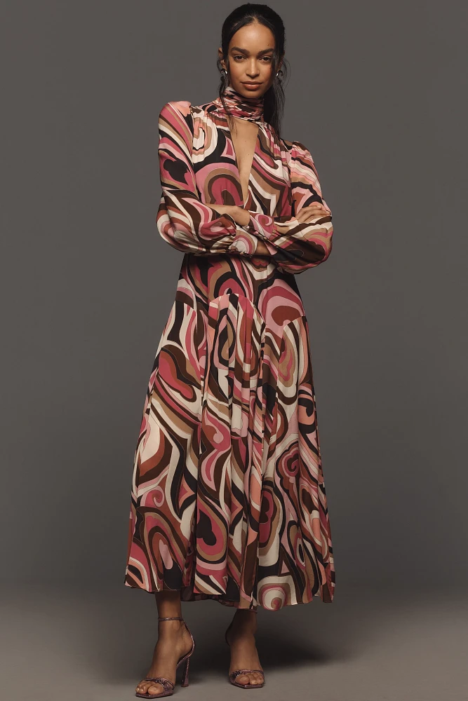 RIXO Marigold Tie-Neck Silk Maxi Dress