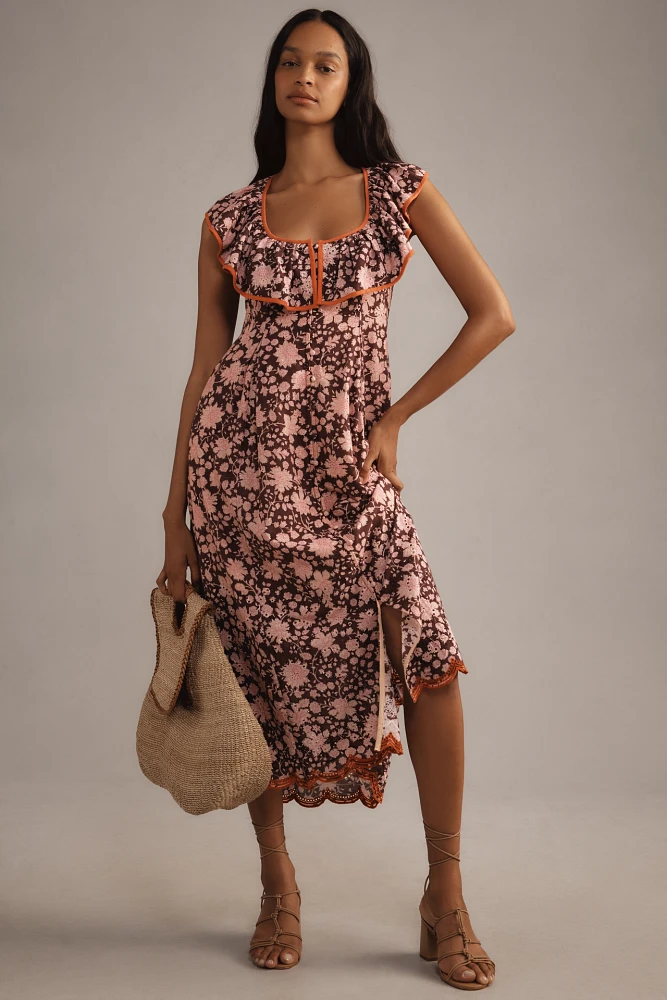 Maeve Scoop-Neck Ruffled Embroidered Midi Dress