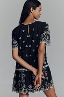 Maeve Short-Sleeve Embellished Cotton Lace Mini Dress