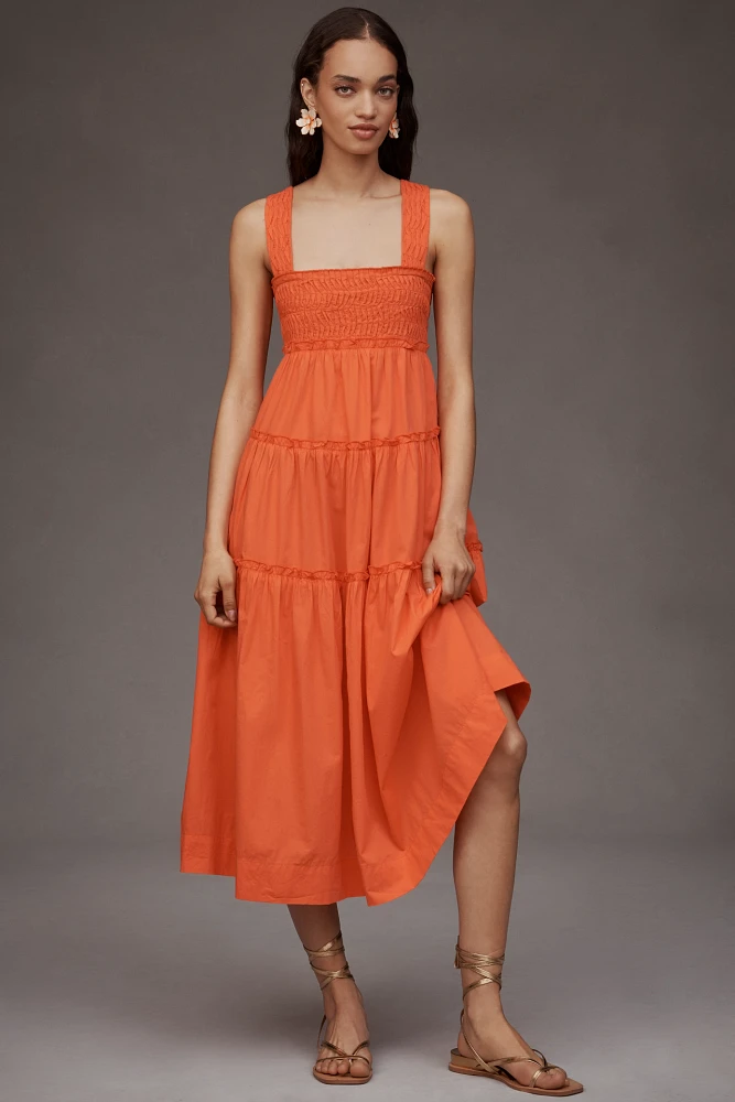 The Helena Square-Neck Tiered Midi Dress: Smocked Edition