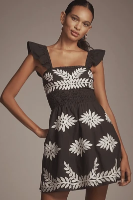 By Anthropologie Ruffle-Strap Embroidered Smocked Mini Dress