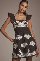 By Anthropologie Ruffle-Strap Embroidered Smocked Mini Dress