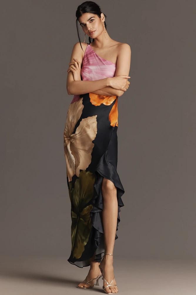 By Anthropologie One-Shoulder Asymmetric Floral Maxi Dress