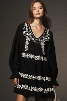 By Anthropologie Long-Sleeve Embroidered Pintuck Swing Mini Dress