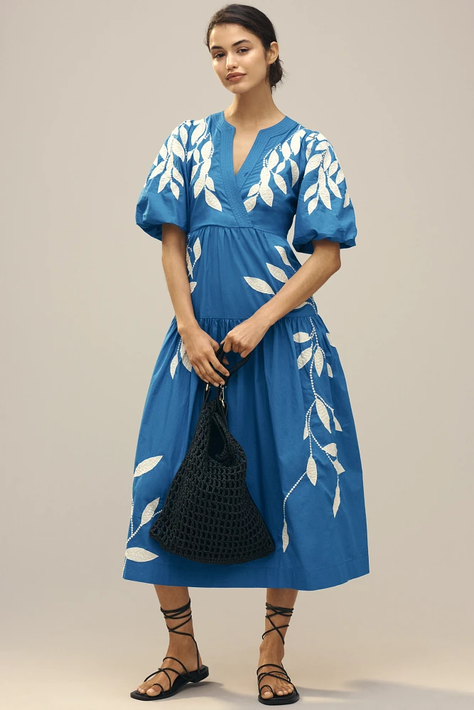 By Anthropologie Short-Sleeve Embroidery Appliqué Maxi Dress