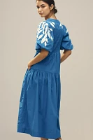 By Anthropologie Short-Sleeve Embroidery Appliqué Maxi Dress