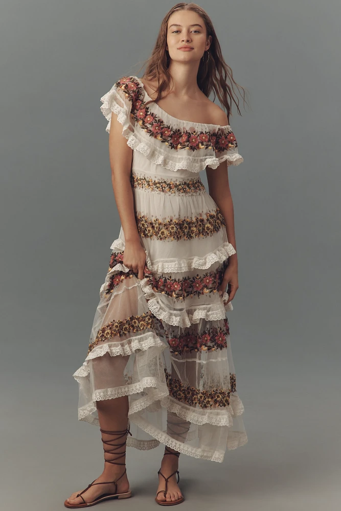 By Anthropologie Ruffle-Sleeve V-Neck Embroidered Tulle Tiered Maxi Dress