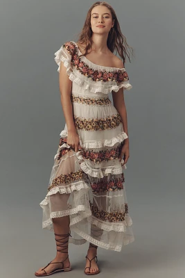 By Anthropologie Ruffle-Sleeve V-Neck Embroidered Tulle Tiered Maxi Dress