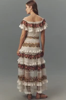 By Anthropologie Ruffle-Sleeve V-Neck Embroidered Tulle Tiered Maxi Dress