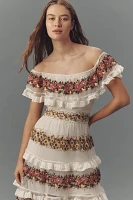By Anthropologie Ruffle-Sleeve V-Neck Embroidered Tulle Tiered Maxi Dress