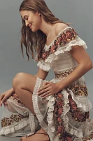 By Anthropologie Ruffle-Sleeve V-Neck Embroidered Tulle Tiered Maxi Dress