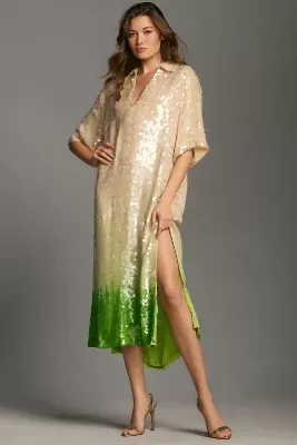Dhruv Kapoor Short-Sleeve Collared Sequin Maxi Dress