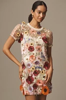 Endless Rose Short-Sleeve Floral-Embellished Sheer Shift Mini Dress