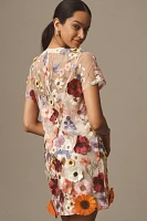 Endless Rose Short-Sleeve Floral-Embellished Sheer Shift Mini Dress