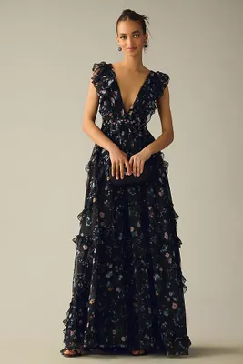 Ieena for Mac Duggal Ruffled Floral Cap-Sleeve V-Neck Gown