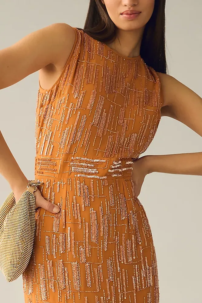 Mac Duggal Natalie V-Neck Beaded Embroidered Sleeveless Midi Dress