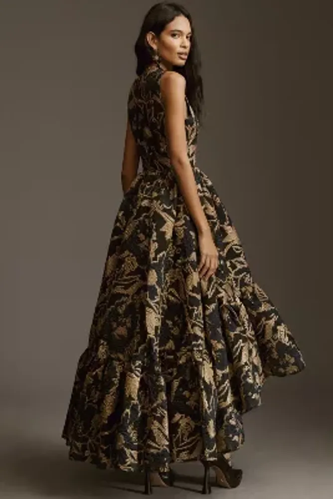 Mac Duggal Sleeveless Brocade Ruffled High-Low Maxi Dress