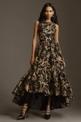 Mac Duggal Sleeveless Brocade Ruffled High-Low Maxi Dress