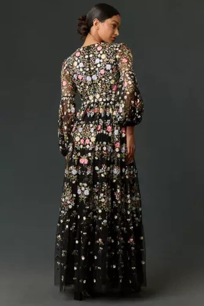 Mac Duggal Long-Sleeve Embroidered Tiered Ruffle Maxi Dress