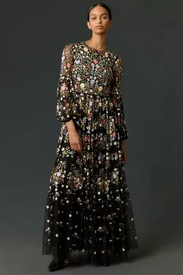 Mac Duggal Long-Sleeve Embroidered Tiered Ruffle Maxi Dress