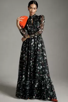 Mac Duggal Long-Sleeve Mock-Neck Floral Maxi Dress