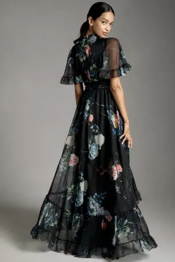Mac Duggal Short-Sleeve Floral High-Low Ruffled Maxi Dress