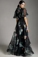 Mac Duggal Short-Sleeve Floral High-Low Ruffled Maxi Dress