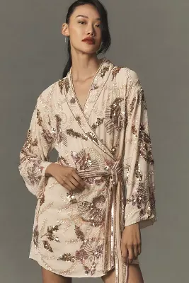 Mac Duggal Long-Sleeve Beaded Floral Wrap Mini Dress
