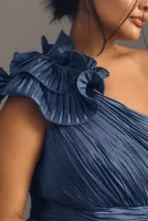 Mac Duggal Plus Pleated One-Shoulder Rosette Gown