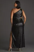 Mac Duggal Plus Sequin One-Shoulder Side-Slit Gown