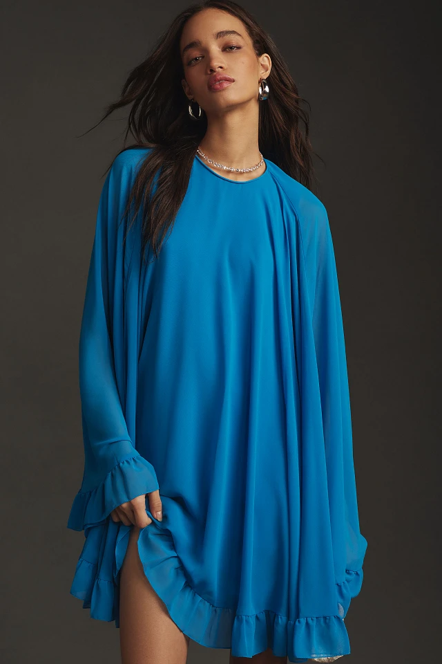 blue maxi slip dress Mac Duggal Long-Sleeve High-Neck Mini Cape Dress at MarketFair Shoppes in  Princeton, NJ