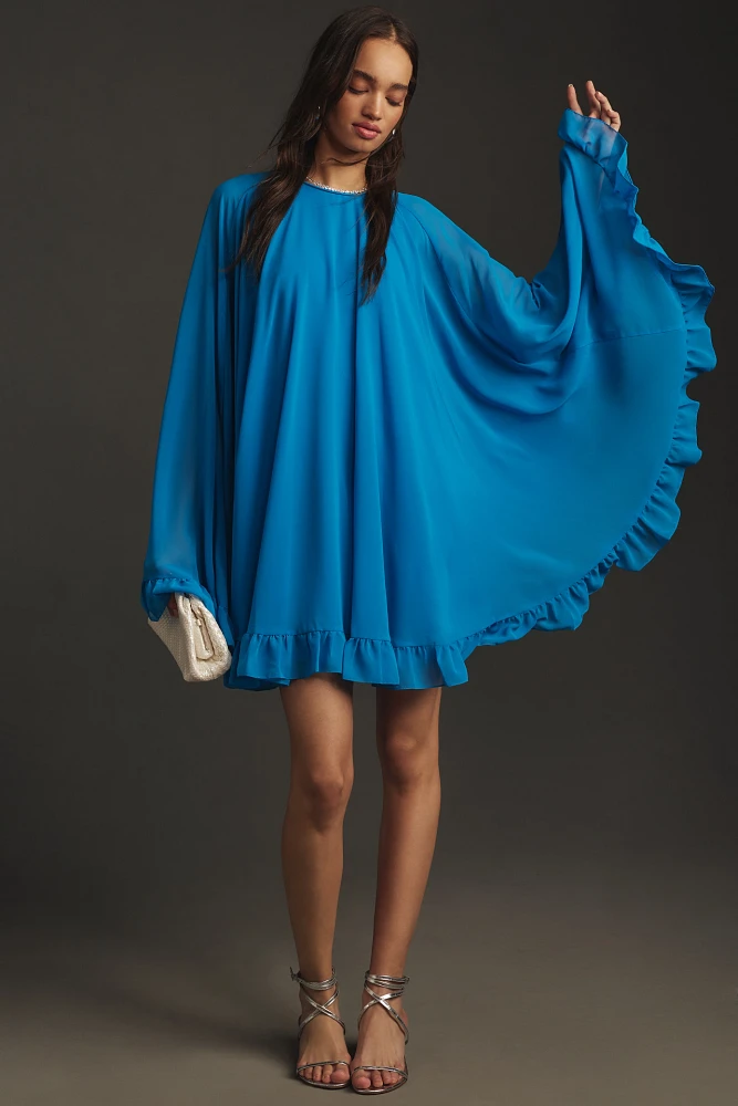 Mac Duggal Long-Sleeve High-Neck Mini Cape Dress