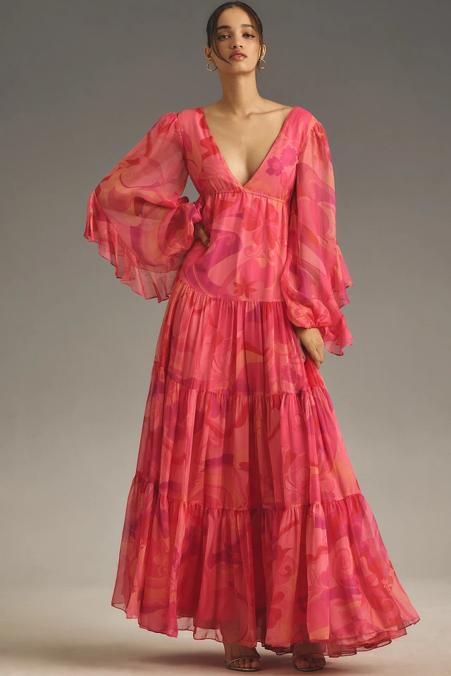 Mac Duggal Long-Sleeve Chiffon Ruffle Printed Maxi Dress | The Summit