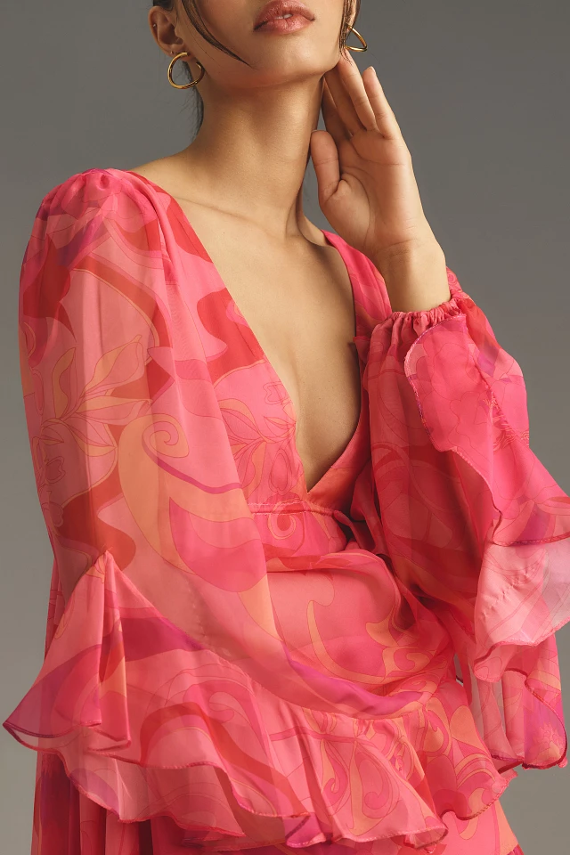 mac duggal long-sleeve chiffon ruffle printed maxi dress Mac Duggal Tiered A-Line Long-Sleeve Chiffon Gown