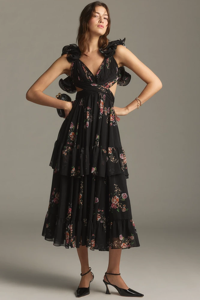 Mac Duggal Sleeveless Ruffled Chiffon Midi Dress