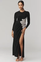 Mac Duggal Long-Sleeve Embellished Side-Slit Maxi Dress