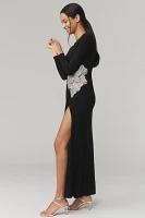 Mac Duggal Long-Sleeve Embellished Side-Slit Maxi Dress